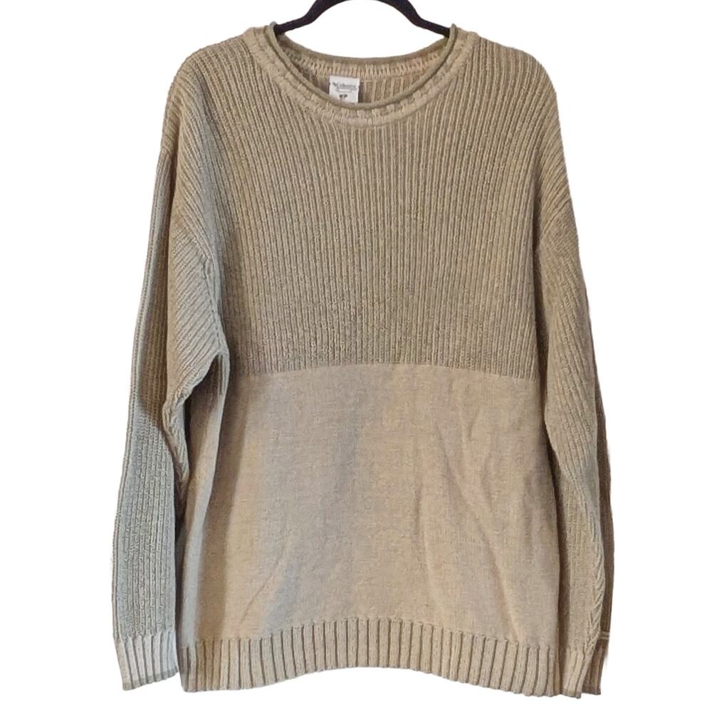 Columbia Mens Cotton Knit Sweater Medium Beige Ribbed Crewneck Pullover Cozy